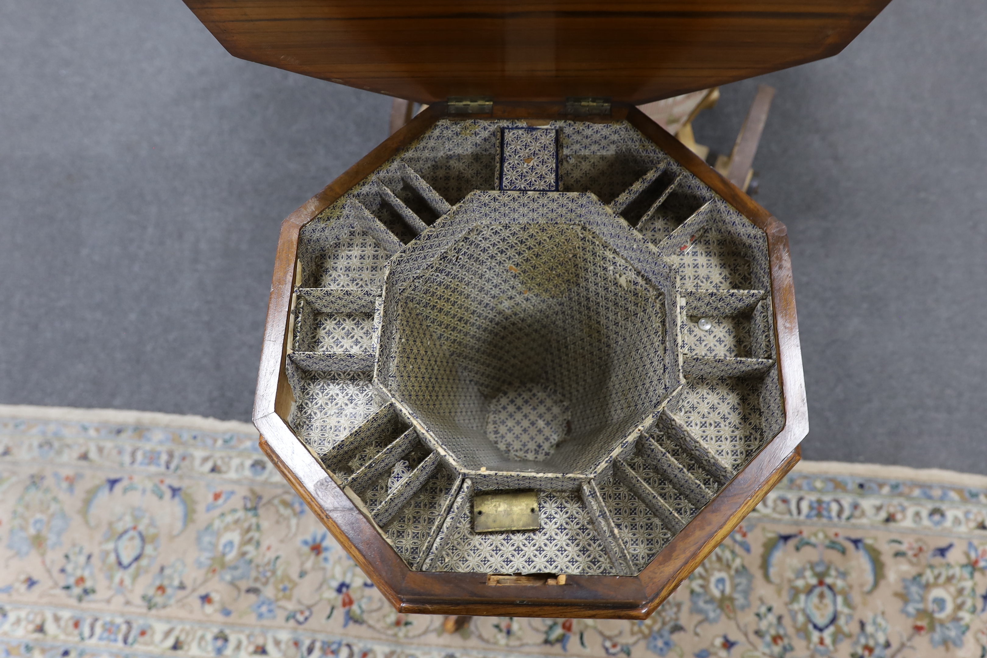 A late Victorian octagonal burr walnut trumpet work table, height 72cm